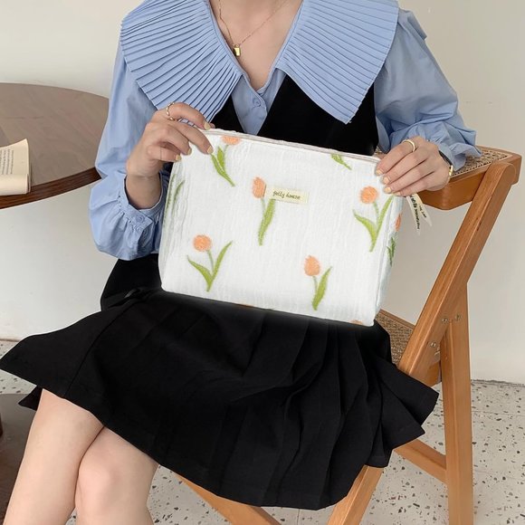 Women Kawaii Floral Cosmetic Large Travel Toiletry Cosmetic Pouch Creamy Tulip - Picture 6 of 7